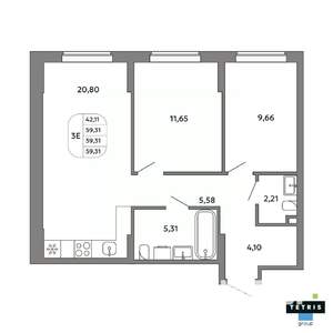 3-к квартира, вторичка, 59м2, 25/32 этаж