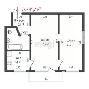 2-к квартира, вторичка, 42м2, 4/4 этаж