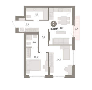 2-к квартира, вторичка, 66м2, 8/16 этаж