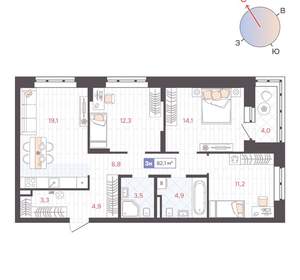 3-к квартира, вторичка, 82м2, 5/25 этаж