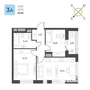 2-к квартира, строящийся дом, 52м2, 8/23 этаж