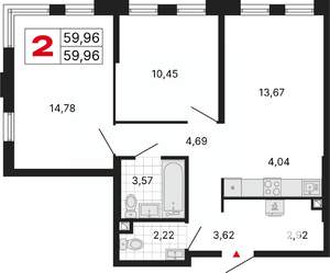 2-к квартира, вторичка, 60м2, 1/25 этаж