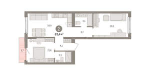 2-к квартира, вторичка, 63м2, 3/25 этаж