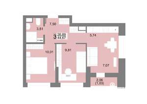 3-к квартира, вторичка, 45м2, 13/27 этаж