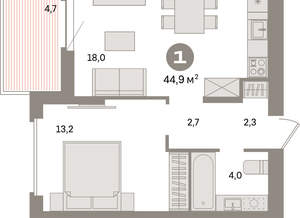 1-к квартира, вторичка, 45м2, 14/16 этаж