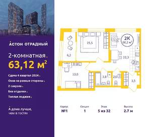 2-к квартира, вторичка, 63м2, 5/32 этаж