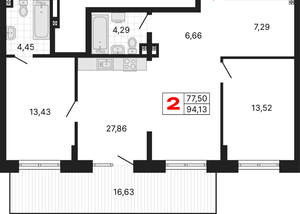 2-к квартира, вторичка, 94м2, 1/25 этаж