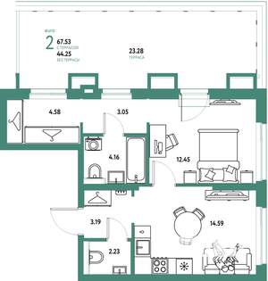 2-к квартира, строящийся дом, 68м2, 15/25 этаж