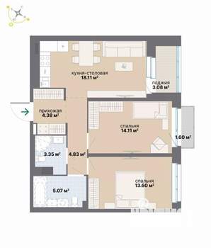 2-к квартира, вторичка, 68м2, 3/9 этаж