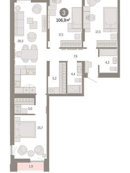 3-к квартира, вторичка, 107м2, 6/16 этаж
