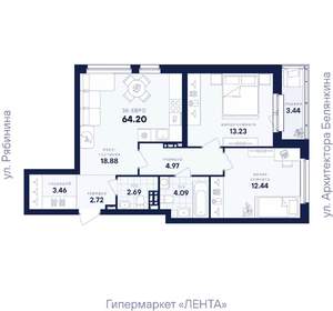 2-к квартира, вторичка, 64м2, 1/26 этаж
