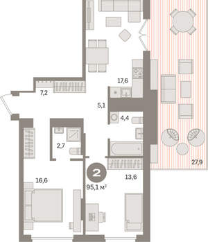 2-к квартира, вторичка, 95м2, 9/9 этаж