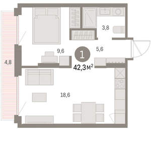 1-к квартира, вторичка, 42м2, 6/9 этаж