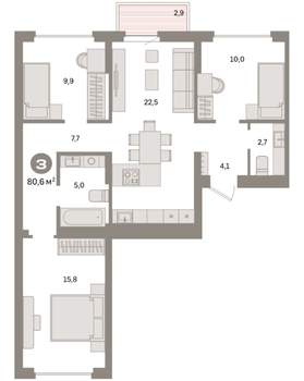 3-к квартира, вторичка, 81м2, 9/9 этаж