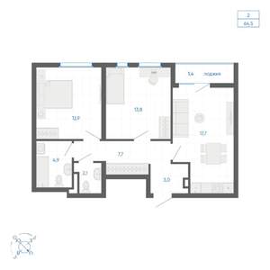 2-к квартира, вторичка, 65м2, 8/10 этаж