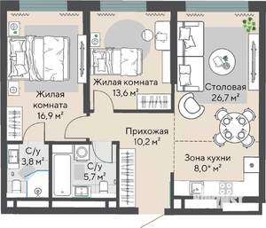 2-к квартира, вторичка, 77м2, 19/27 этаж