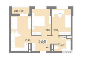 2-к квартира, строящийся дом, 55м2, 16/22 этаж