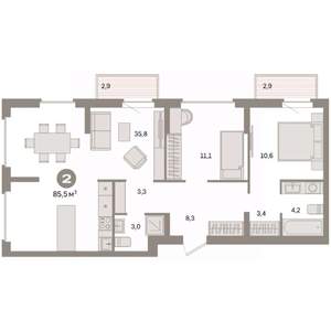 2-к квартира, вторичка, 86м2, 7/9 этаж