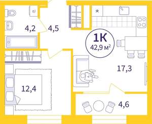 1-к квартира, вторичка, 41м2, 6/25 этаж