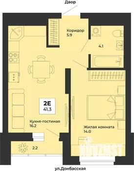 2-к квартира, строящийся дом, 41м2, 14/25 этаж