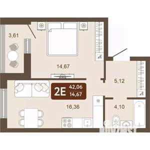 2-к квартира, вторичка, 42м2, 22/24 этаж