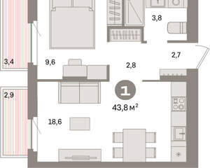 1-к квартира, вторичка, 44м2, 3/9 этаж