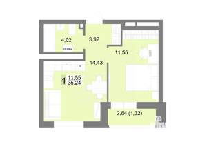 1-к квартира, строящийся дом, 35м2, 14/22 этаж