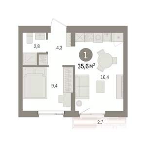 1-к квартира, вторичка, 36м2, 3/7 этаж