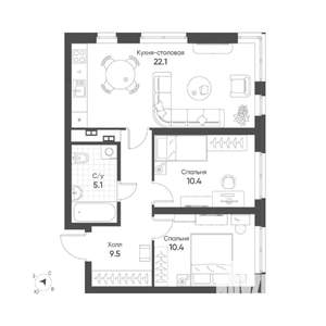 2-к квартира, вторичка, 58м2, 1/16 этаж