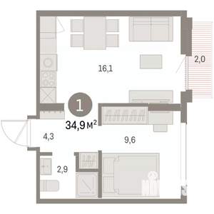 1-к квартира, вторичка, 35м2, 7/9 этаж