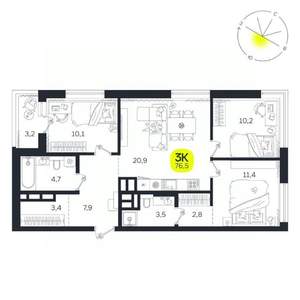 3-к квартира, вторичка, 77м2, 19/27 этаж