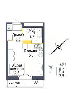 1-к квартира, строящийся дом, 29м2, 5/9 этаж