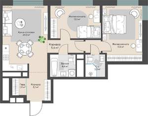 2-к квартира, строящийся дом, 75м2, 24/29 этаж