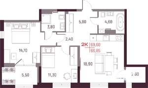 2-к квартира, вторичка, 67м2, 6/25 этаж