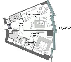 2-к квартира, строящийся дом, 79м2, 14/52 этаж