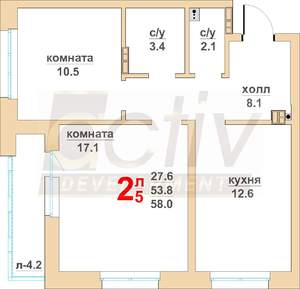 2-к квартира, вторичка, 58м2, 2/16 этаж