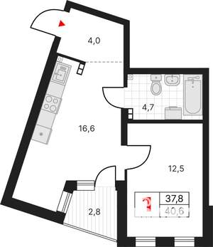 1-к квартира, вторичка, 41м2, 15/17 этаж