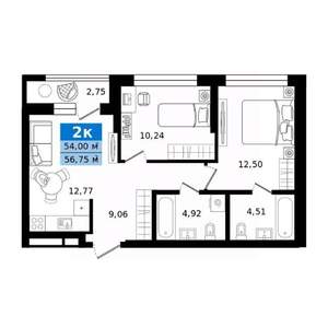 2-к квартира, строящийся дом, 57м2, 2/27 этаж