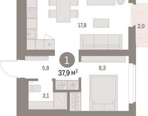 1-к квартира, вторичка, 38м2, 5/9 этаж