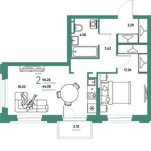 2-к квартира, вторичка, 46м2, 8/20 этаж