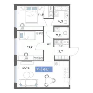 2-к квартира, строящийся дом, 61м2, 4/20 этаж