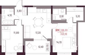 2-к квартира, вторичка, 63м2, 15/25 этаж
