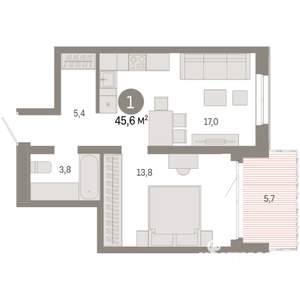 1-к квартира, вторичка, 46м2, 8/17 этаж
