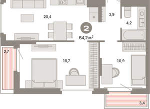 2-к квартира, вторичка, 64м2, 6/9 этаж