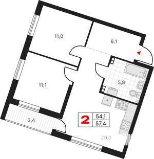 2-к квартира, вторичка, 57м2, 15/17 этаж