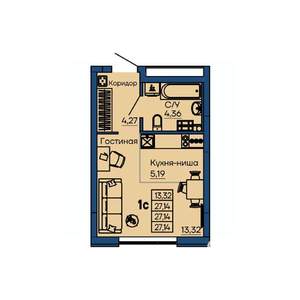 Студия квартира, вторичка, 27м2, 2/13 этаж