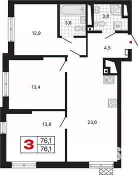 3-к квартира, вторичка, 76м2, 9/29 этаж