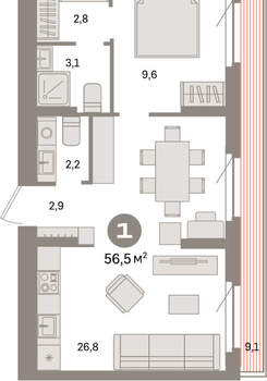 1-к квартира, вторичка, 57м2, 8/9 этаж