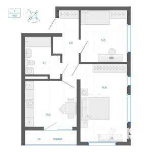 2-к квартира, строящийся дом, 49м2, 22/32 этаж