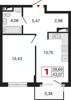 1-к квартира, вторичка, 43м2, 3/25 этаж